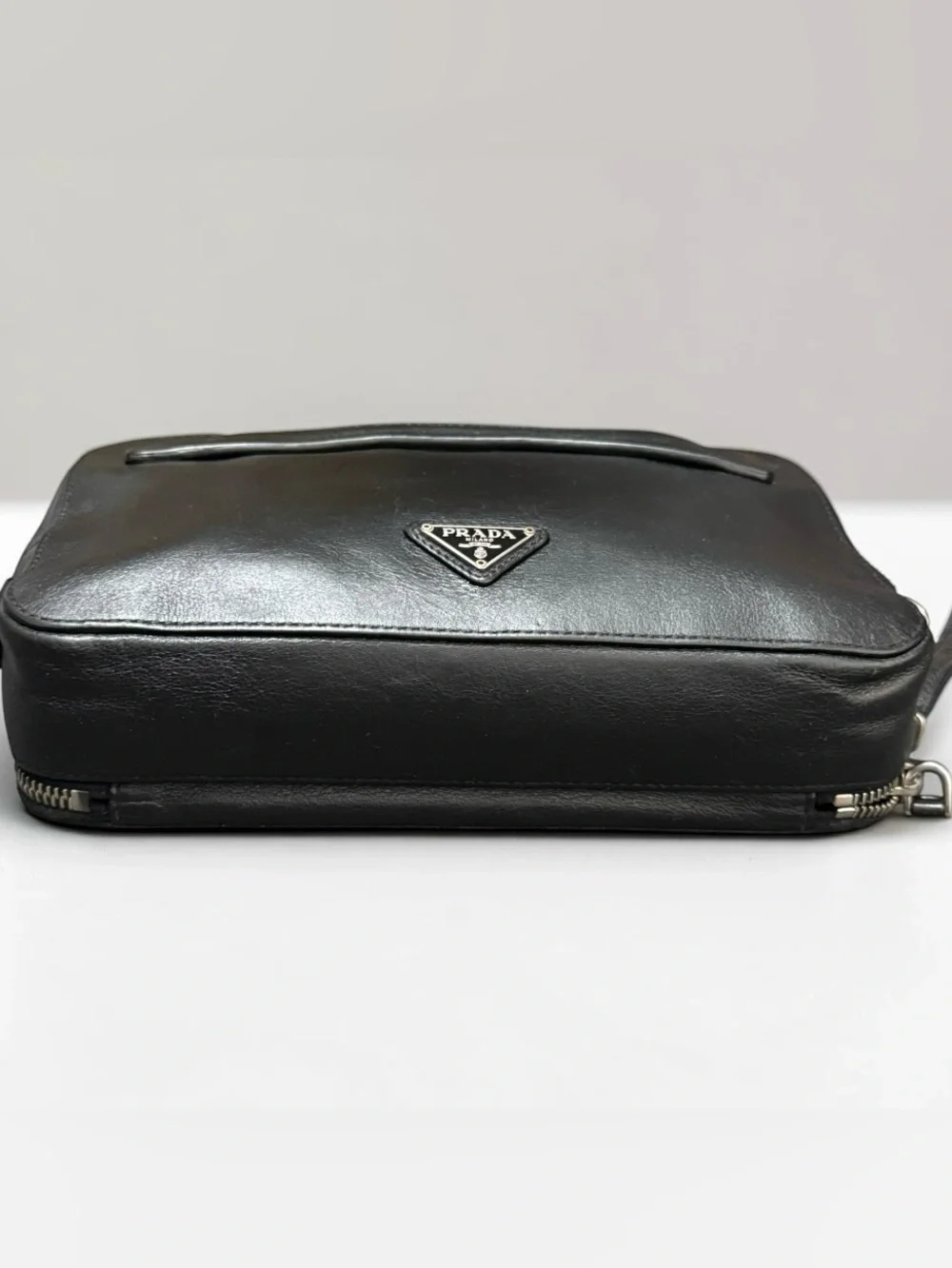 Prada Black Leather Wrist Strap Clutch Double zip Travel Organizer